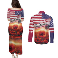 USA Veterans Day Couples Matching Puletasi and Long Sleeve Button Shirt Poppy Flowers With Flag Grunge - Wonder Print Shop