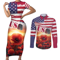 USA Veterans Day Couples Matching Short Sleeve Bodycon Dress and Long Sleeve Button Shirt Poppy Flowers With Flag Grunge - Wonder Print Shop