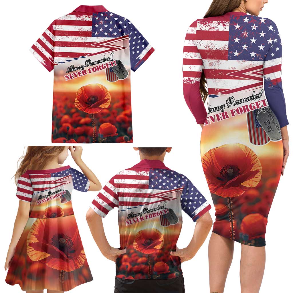 USA Veterans Day Family Matching Long Sleeve Bodycon Dress and Hawaiian Shirt Poppy Flowers With Flag Grunge - Wonder Print Shop