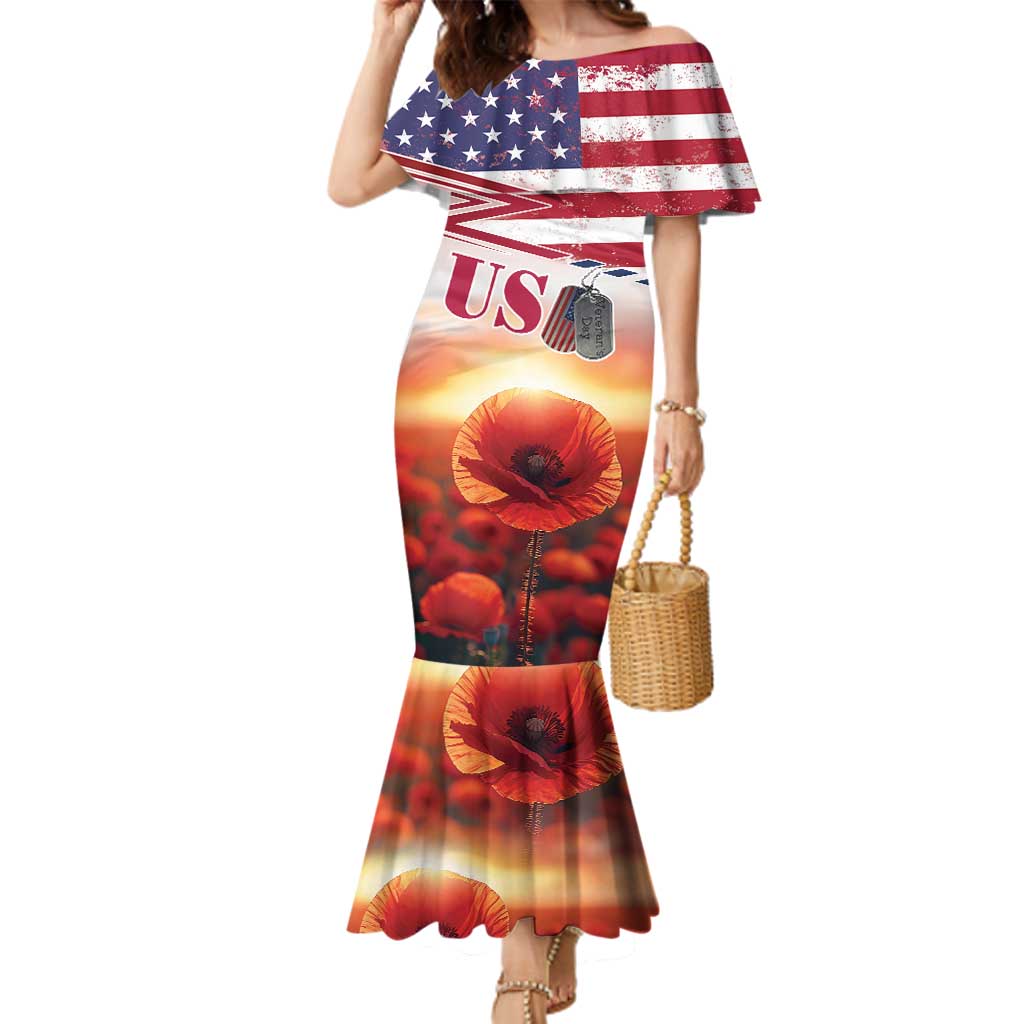 USA Veterans Day Family Matching Mermaid Dress and Hawaiian Shirt Poppy Flowers With Flag Grunge - Wonder Print Shop
