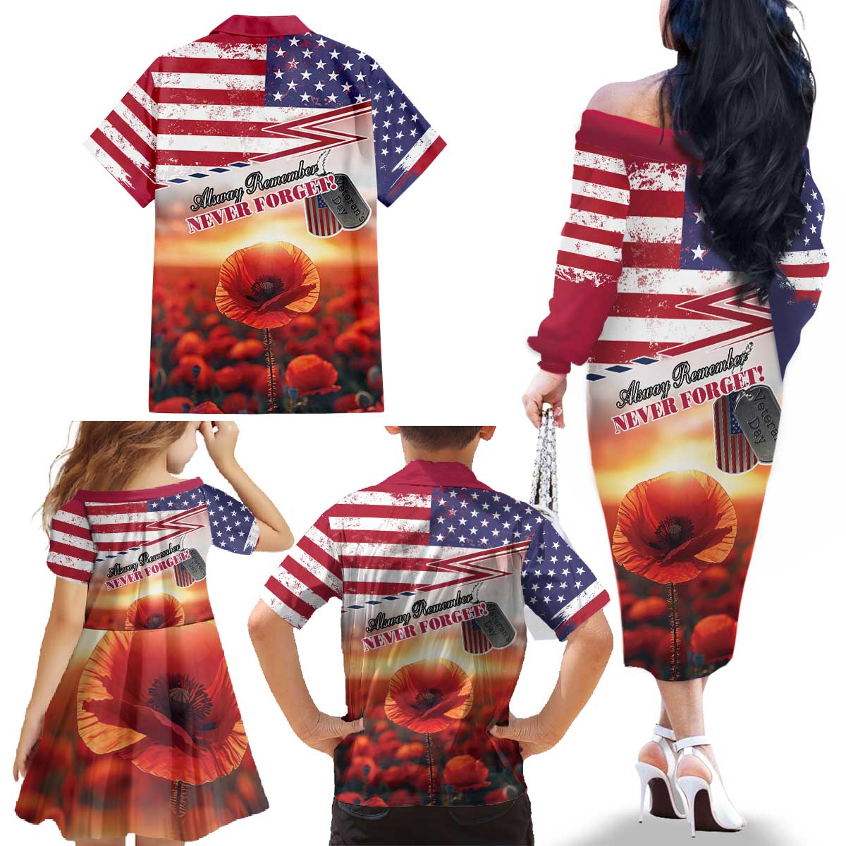 USA Veterans Day Family Matching Off The Shoulder Long Sleeve Dress and Hawaiian Shirt Poppy Flowers With Flag Grunge - Wonder Print Shop