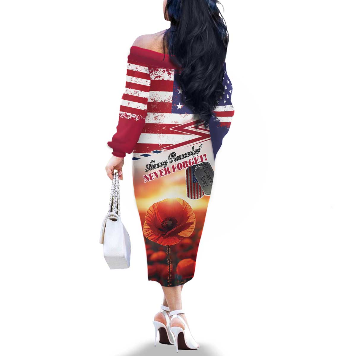 USA Veterans Day Family Matching Off The Shoulder Long Sleeve Dress and Hawaiian Shirt Poppy Flowers With Flag Grunge - Wonder Print Shop
