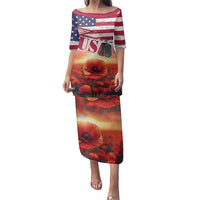 USA Veterans Day Family Matching Puletasi and Hawaiian Shirt Poppy Flowers With Flag Grunge - Wonder Print Shop