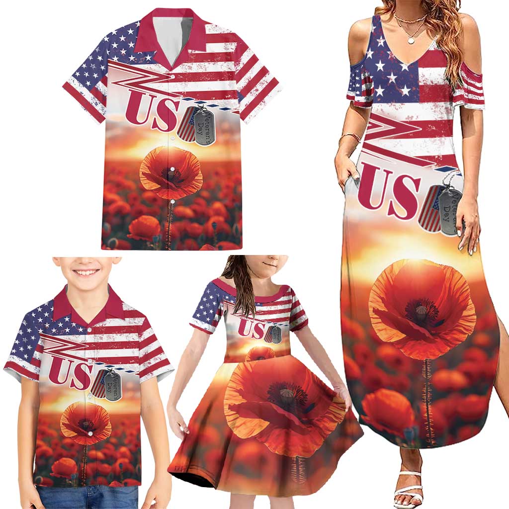 USA Veterans Day Family Matching Summer Maxi Dress and Hawaiian Shirt Poppy Flowers With Flag Grunge - Wonder Print Shop