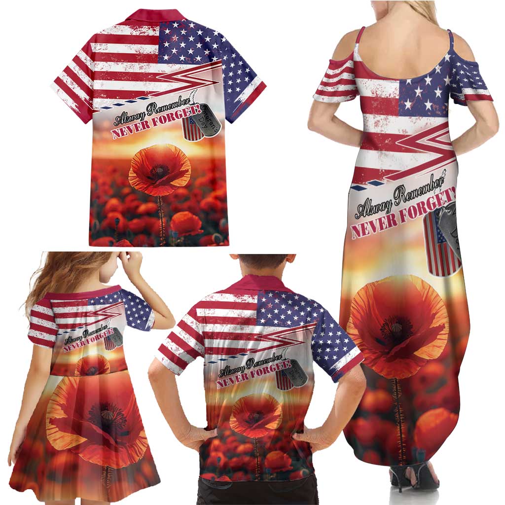 USA Veterans Day Family Matching Summer Maxi Dress and Hawaiian Shirt Poppy Flowers With Flag Grunge - Wonder Print Shop