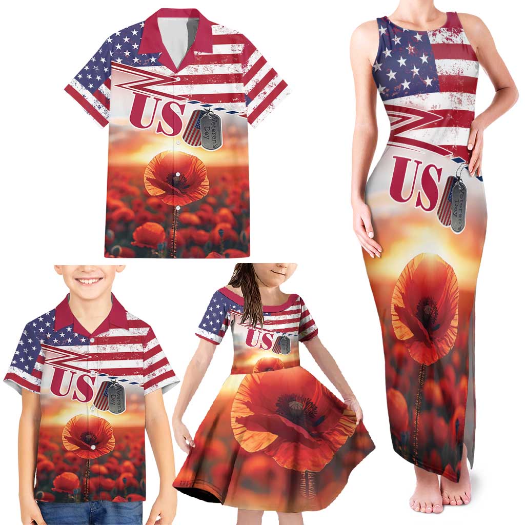 USA Veterans Day Family Matching Tank Maxi Dress and Hawaiian Shirt Poppy Flowers With Flag Grunge - Wonder Print Shop