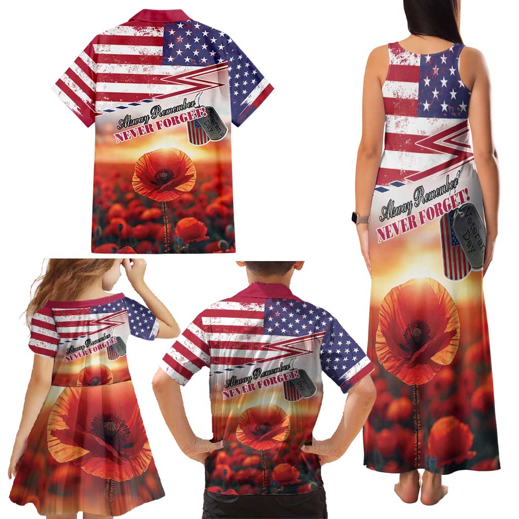 USA Veterans Day Family Matching Tank Maxi Dress and Hawaiian Shirt Poppy Flowers With Flag Grunge - Wonder Print Shop