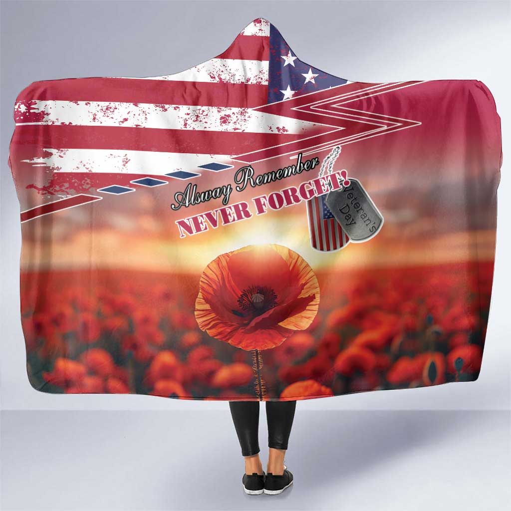 USA Veterans Day Hooded Blanket Poppy Flowers With Flag Grunge