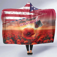 USA Veterans Day Hooded Blanket Poppy Flowers With Flag Grunge