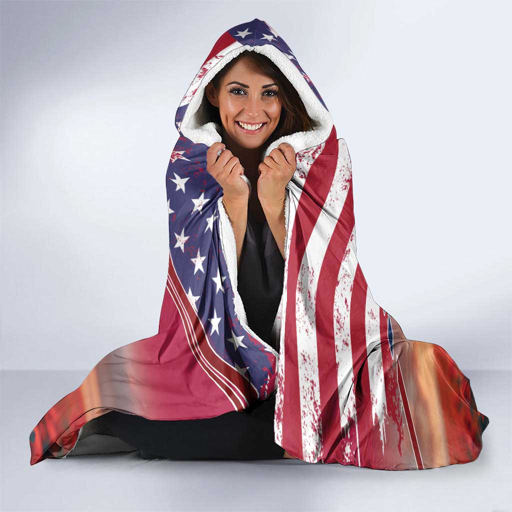 USA Veterans Day Hooded Blanket Poppy Flowers With Flag Grunge
