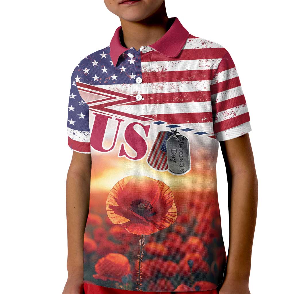 USA Veterans Day Kid Polo Shirt Poppy Flowers With Flag Grunge - Wonder Print Shop