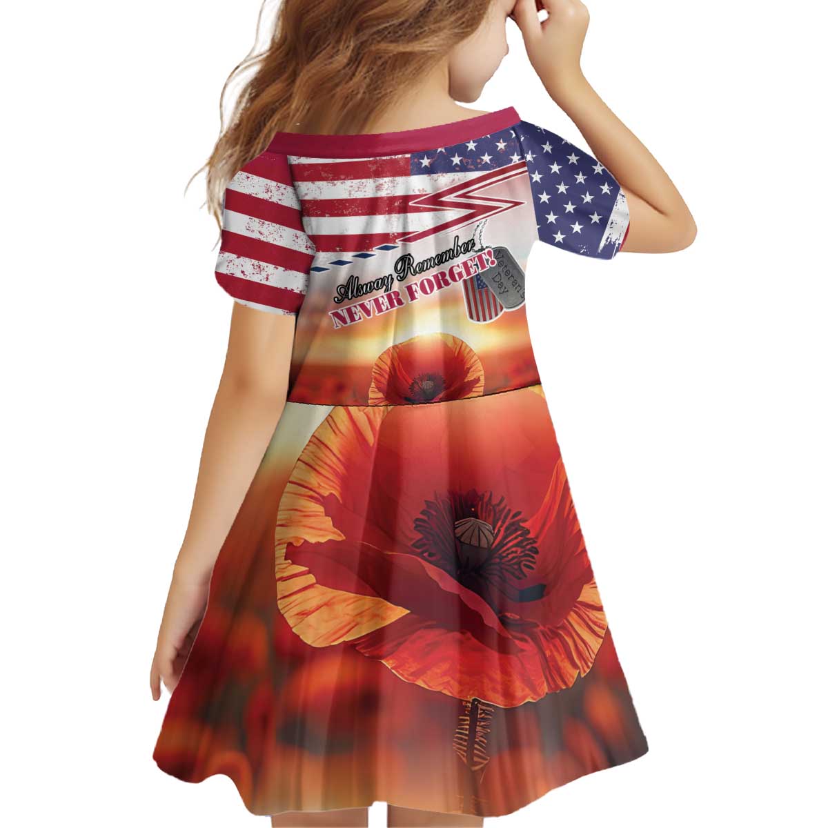 USA Veterans Day Kid Short Sleeve Dress Poppy Flowers With Flag Grunge - Wonder Print Shop