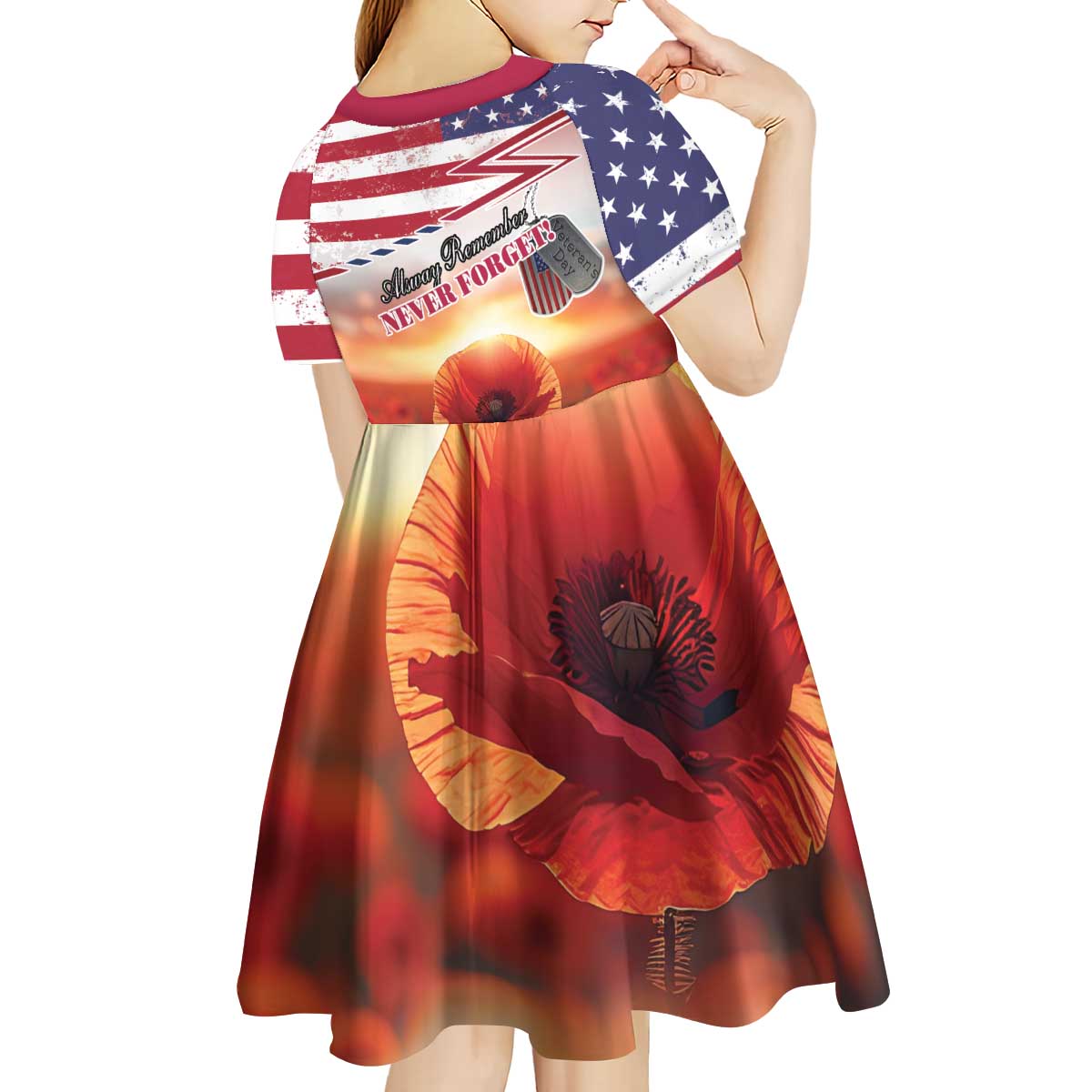 USA Veterans Day Kid Short Sleeve Dress Poppy Flowers With Flag Grunge - Wonder Print Shop