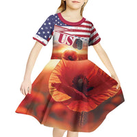USA Veterans Day Kid Short Sleeve Dress Poppy Flowers With Flag Grunge - Wonder Print Shop