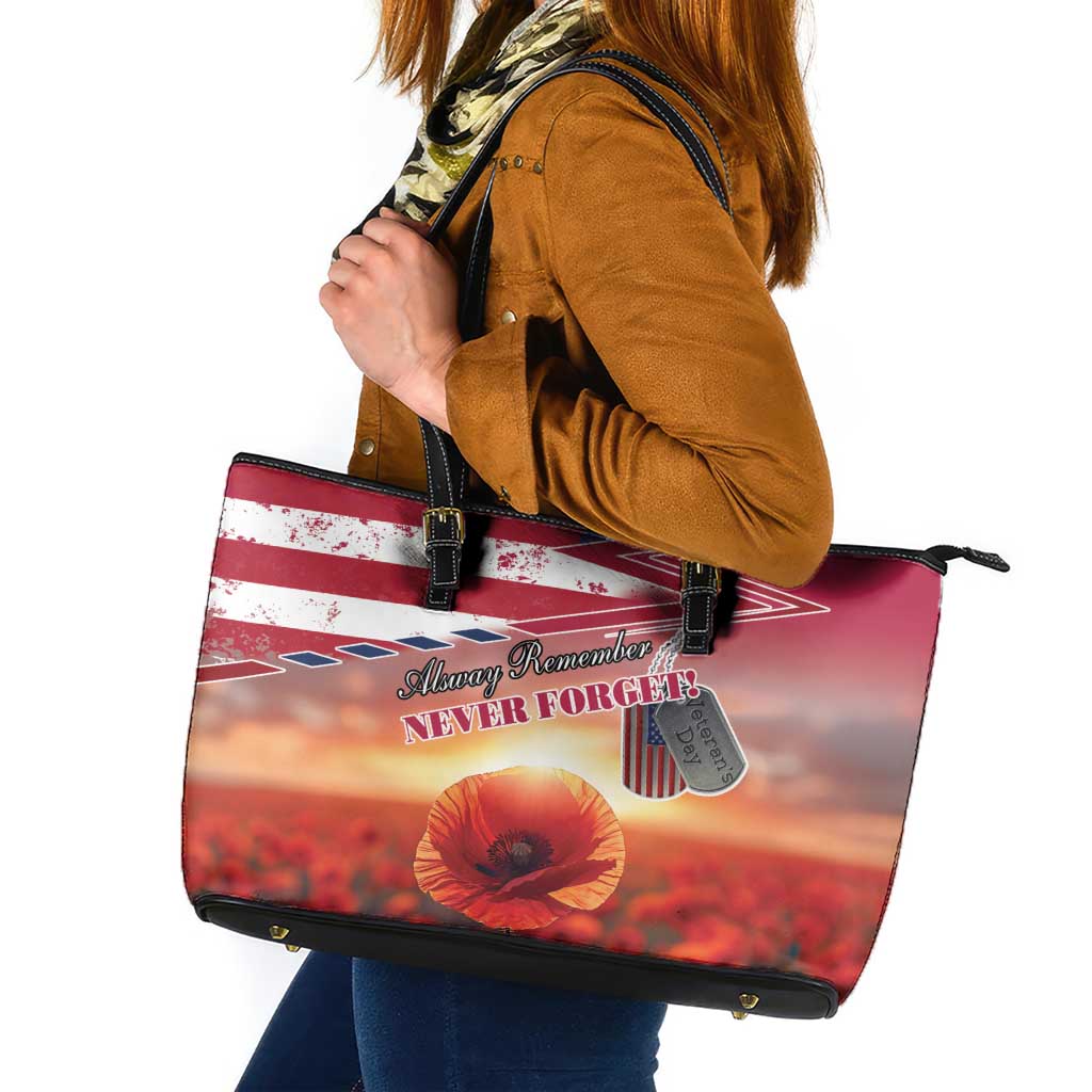 USA Veterans Day Leather Tote Bag Poppy Flowers With Flag Grunge - Wonder Print Shop