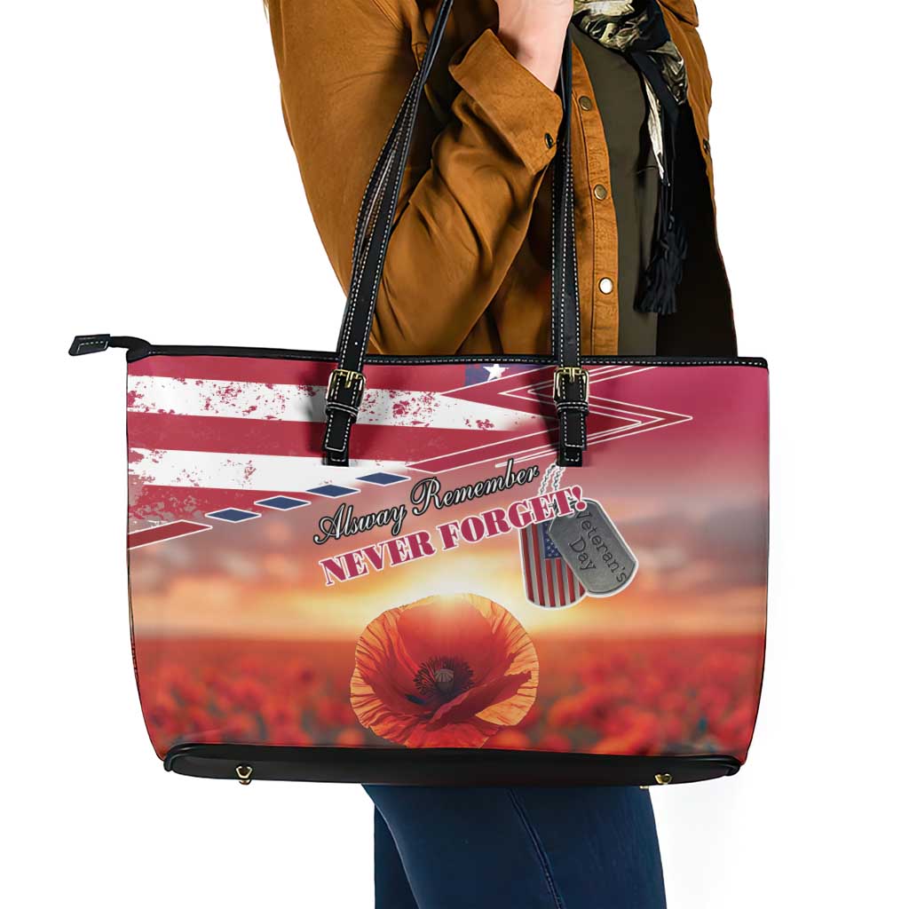 USA Veterans Day Leather Tote Bag Poppy Flowers With Flag Grunge - Wonder Print Shop