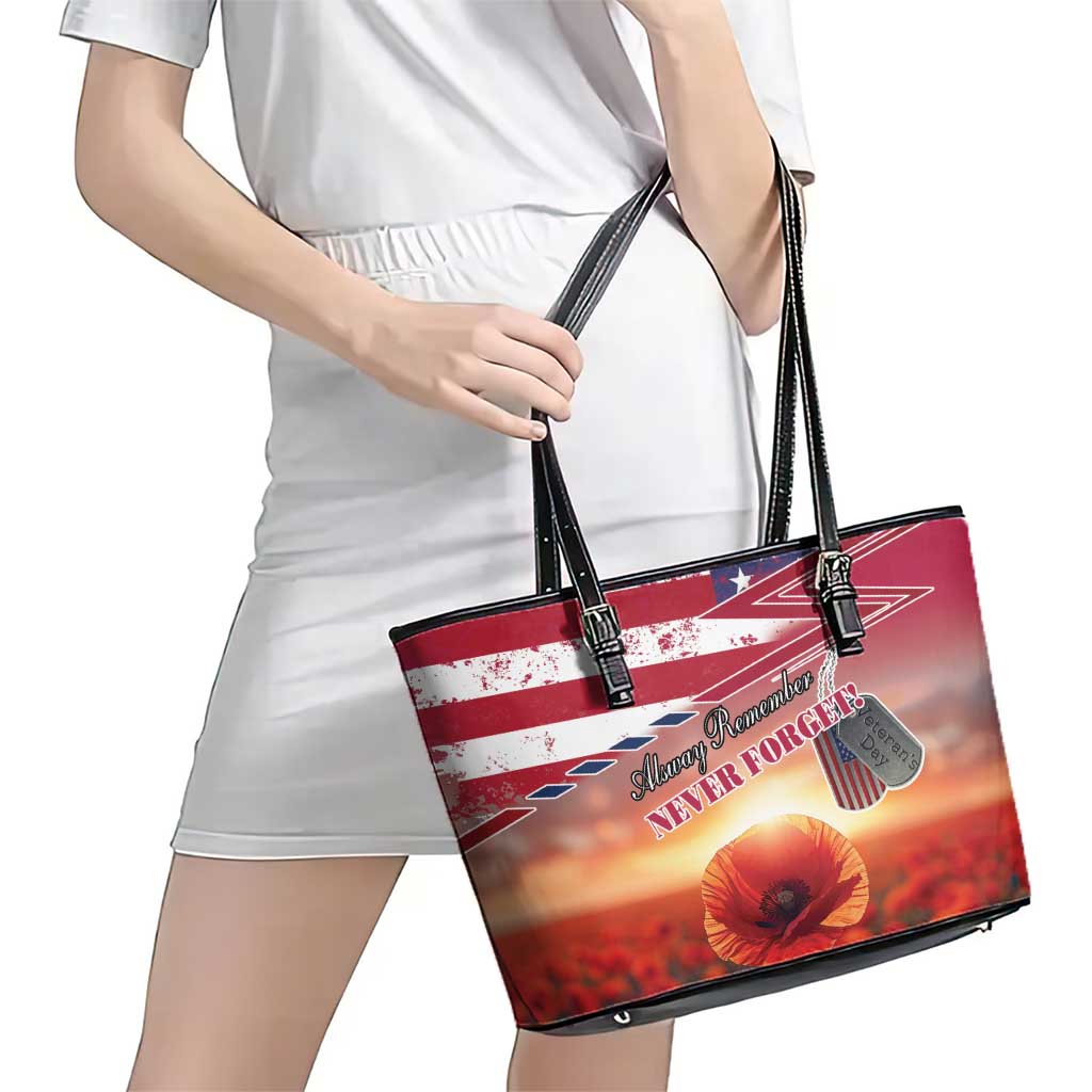 USA Veterans Day Leather Tote Bag Poppy Flowers With Flag Grunge - Wonder Print Shop