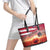 USA Veterans Day Leather Tote Bag Poppy Flowers With Flag Grunge - Wonder Print Shop