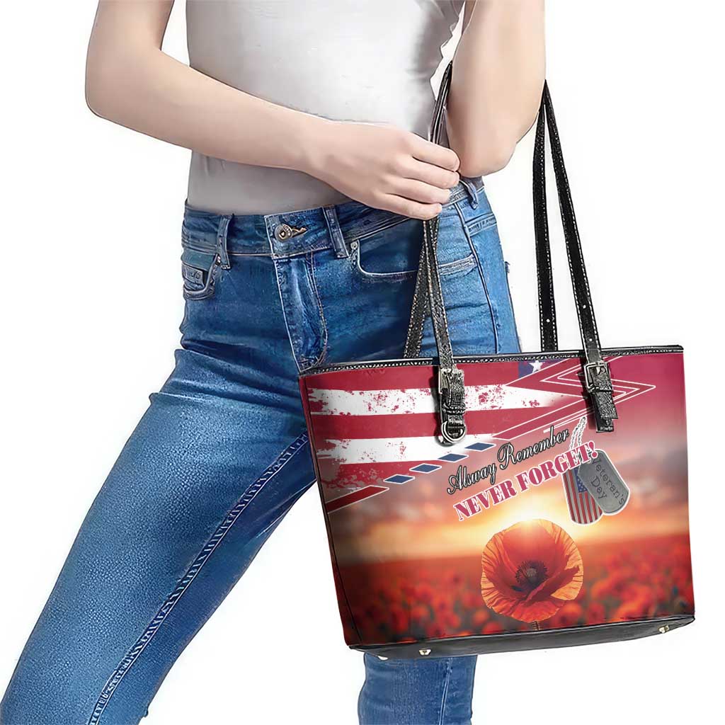 USA Veterans Day Leather Tote Bag Poppy Flowers With Flag Grunge - Wonder Print Shop