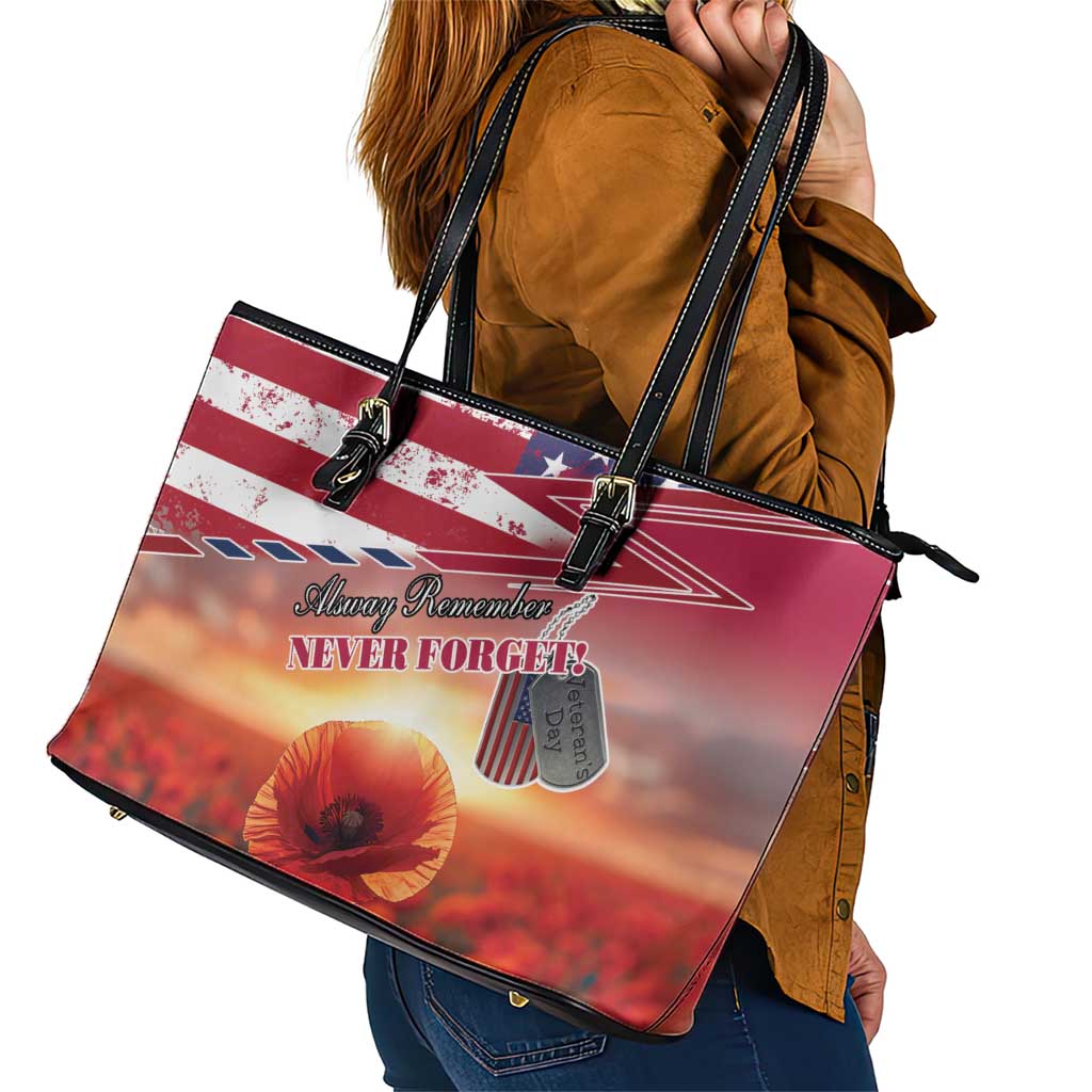 USA Veterans Day Leather Tote Bag Poppy Flowers With Flag Grunge - Wonder Print Shop