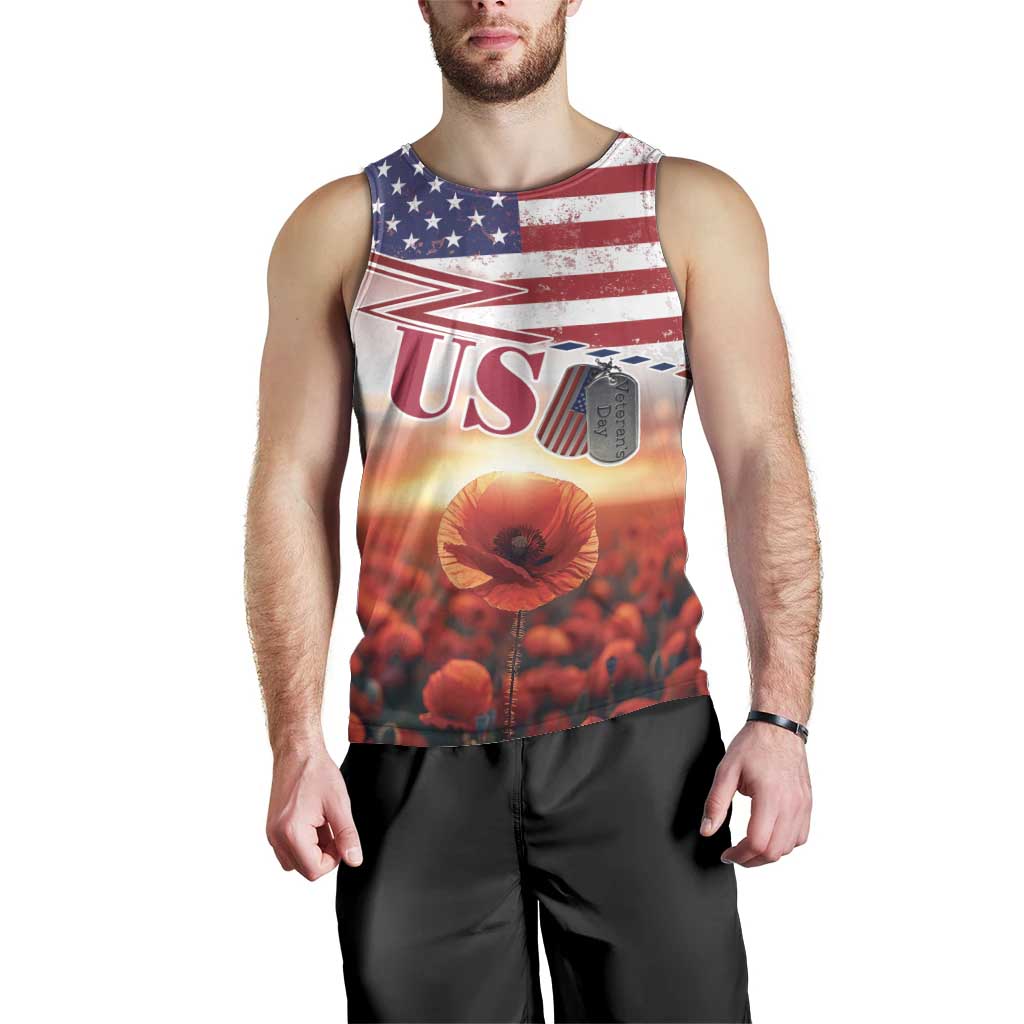 USA Veterans Day Men Tank Top Poppy Flowers With Flag Grunge - Wonder Print Shop