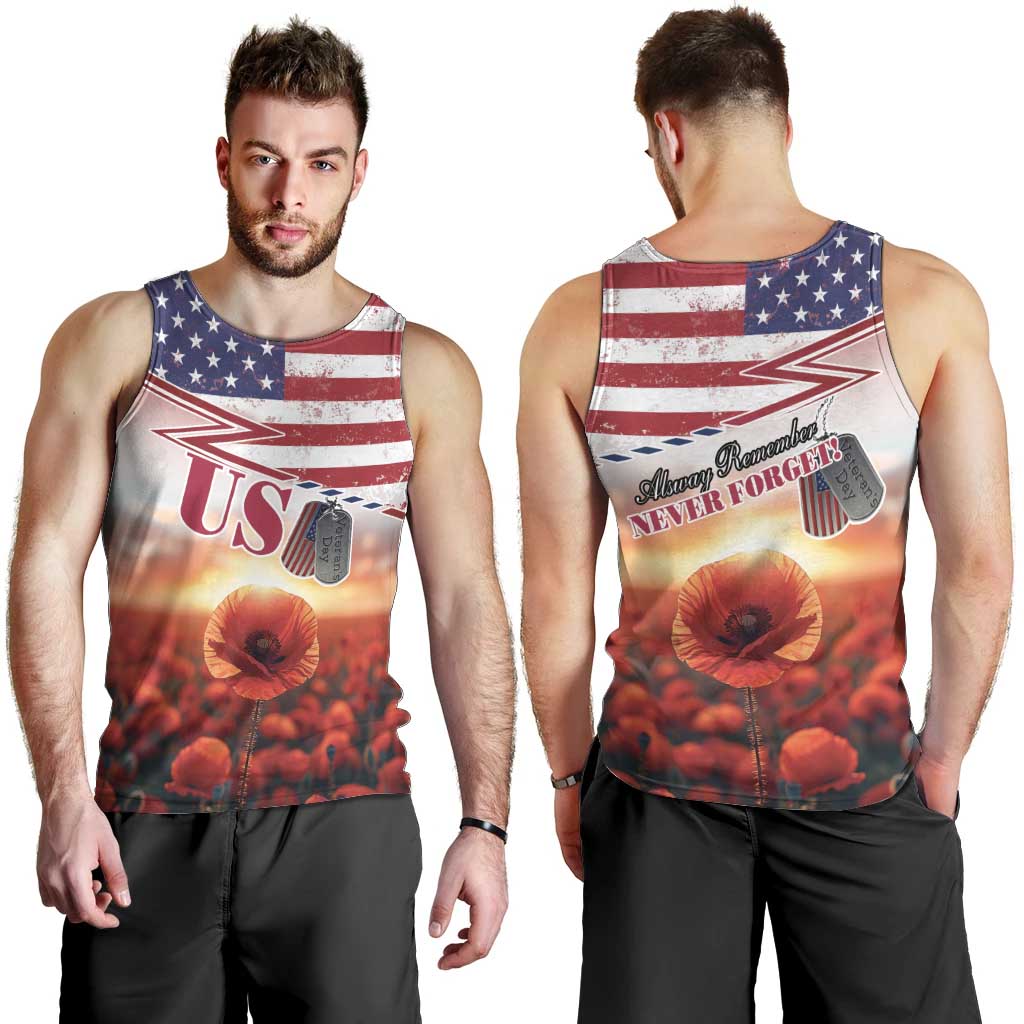USA Veterans Day Men Tank Top Poppy Flowers With Flag Grunge - Wonder Print Shop