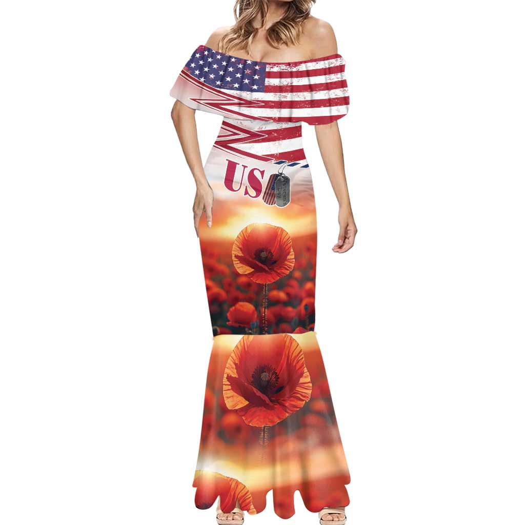USA Veterans Day Mermaid Dress Poppy Flowers With Flag Grunge - Wonder Print Shop