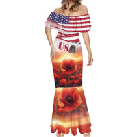 USA Veterans Day Mermaid Dress Poppy Flowers With Flag Grunge - Wonder Print Shop