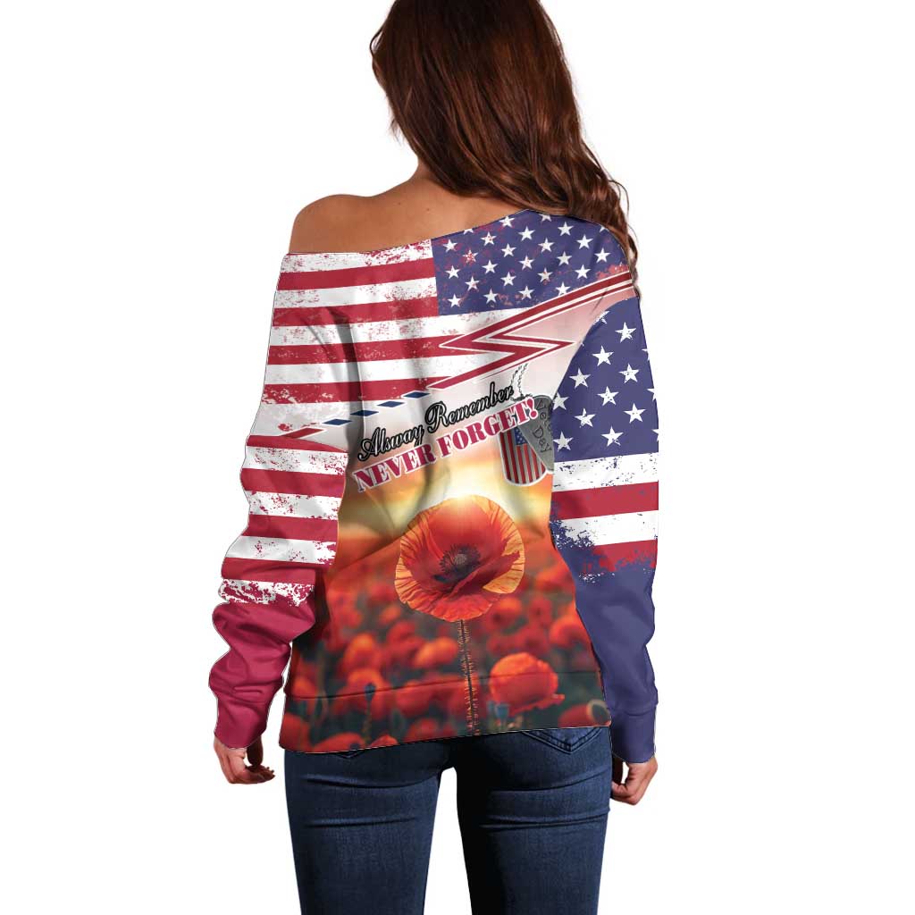 USA Veterans Day Off Shoulder Sweater Poppy Flowers With Flag Grunge - Wonder Print Shop