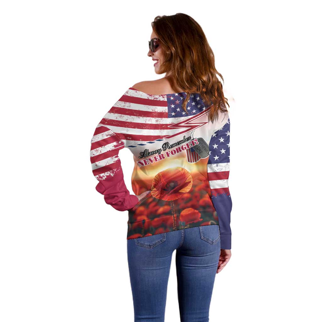 USA Veterans Day Off Shoulder Sweater Poppy Flowers With Flag Grunge - Wonder Print Shop