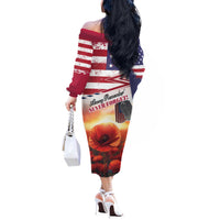 USA Veterans Day Off The Shoulder Long Sleeve Dress Poppy Flowers With Flag Grunge - Wonder Print Shop