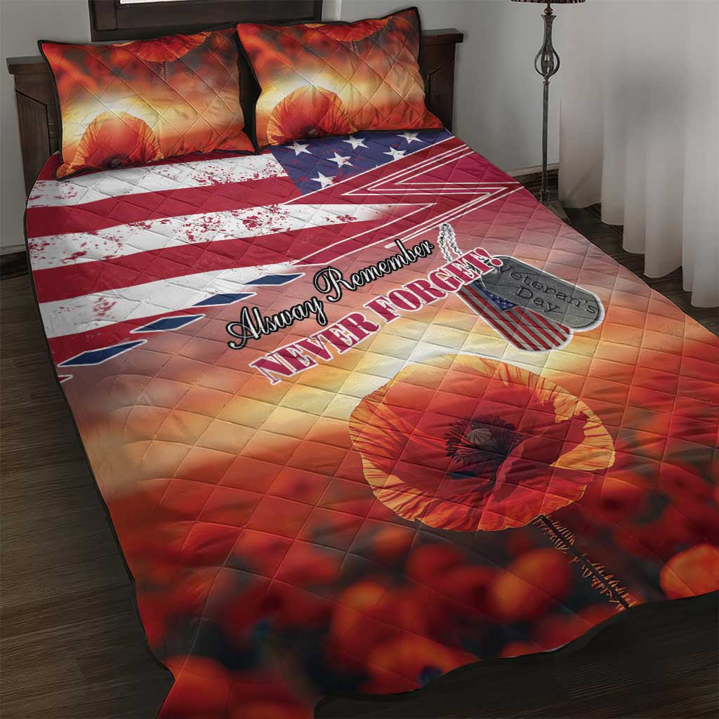 USA Veterans Day Quilt Bed Set Poppy Flowers With Flag Grunge - Wonder Print Shop