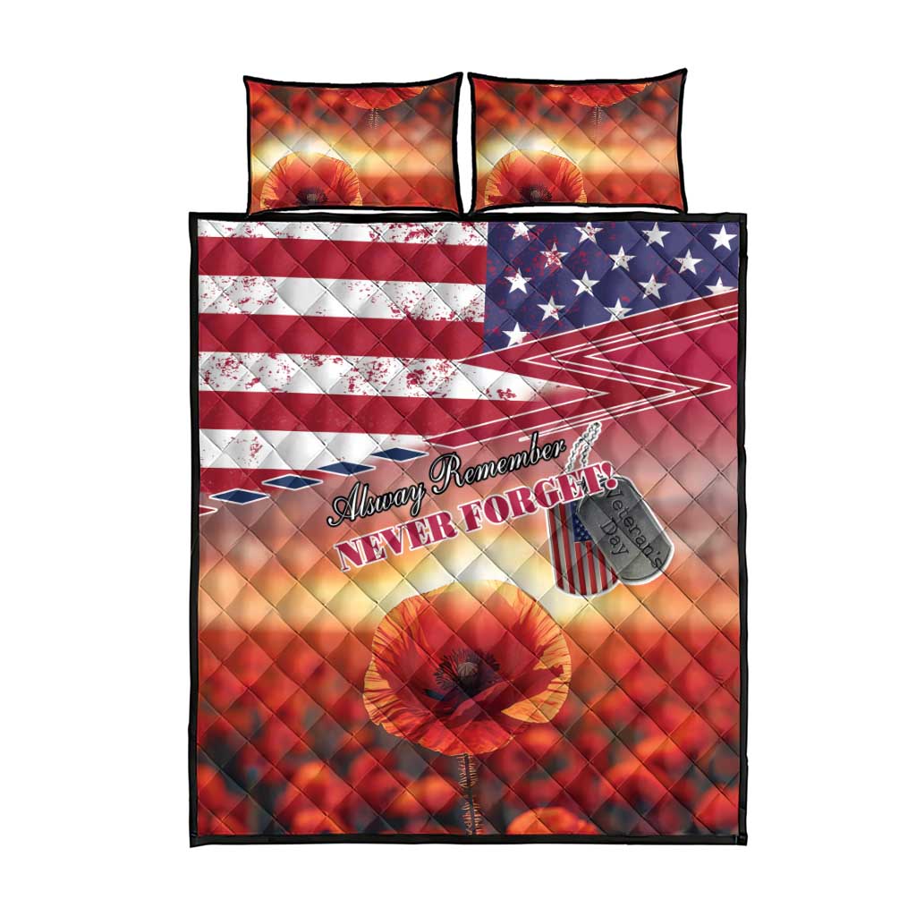 USA Veterans Day Quilt Bed Set Poppy Flowers With Flag Grunge - Wonder Print Shop