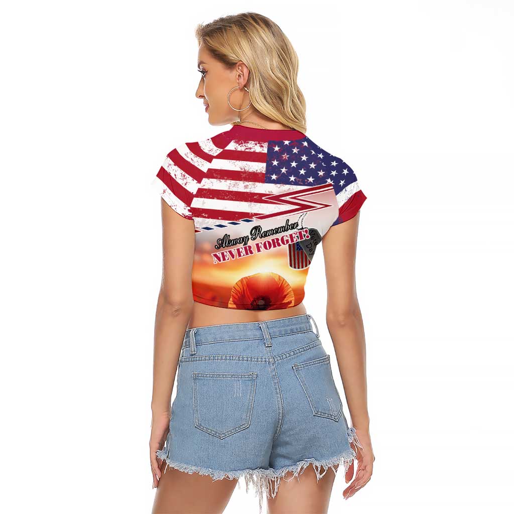 USA Veterans Day Raglan Cropped T Shirt Poppy Flowers With Flag Grunge - Wonder Print Shop