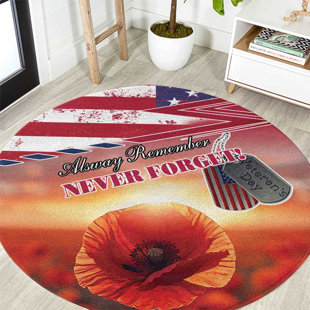 USA Veterans Day Round Carpet Poppy Flowers With Flag Grunge