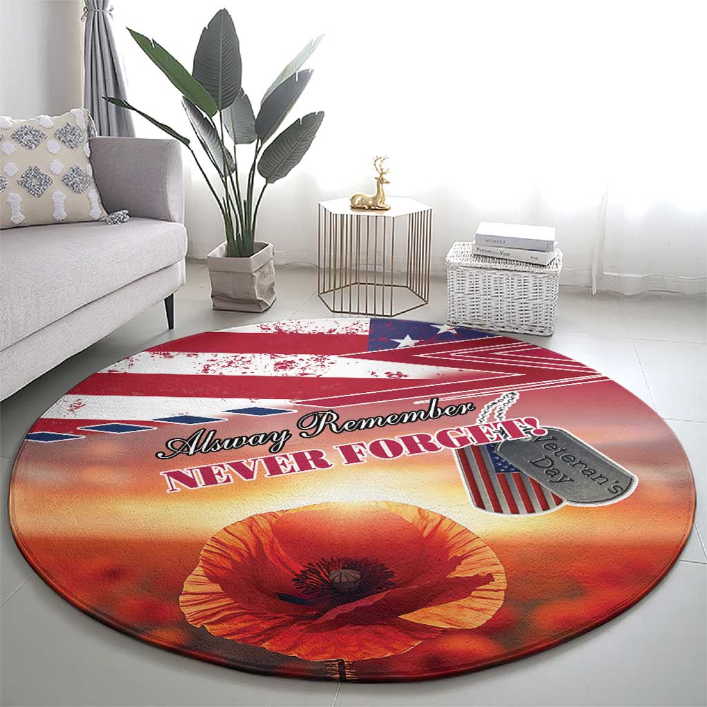 USA Veterans Day Round Carpet Poppy Flowers With Flag Grunge