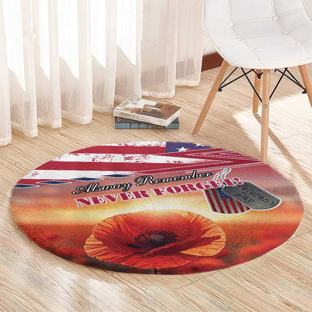 USA Veterans Day Round Carpet Poppy Flowers With Flag Grunge