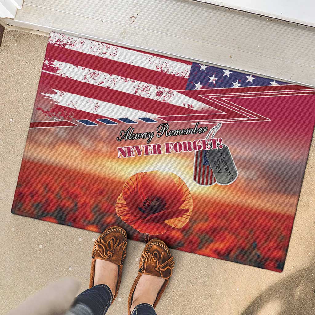 USA Veterans Day Rubber Doormat Poppy Flowers With Flag Grunge - Wonder Print Shop
