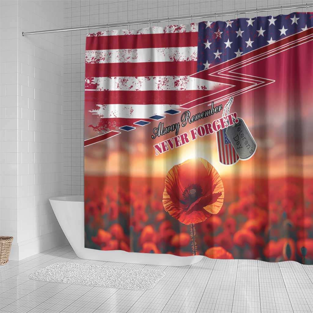 USA Veterans Day Shower Curtain Poppy Flowers With Flag Grunge
