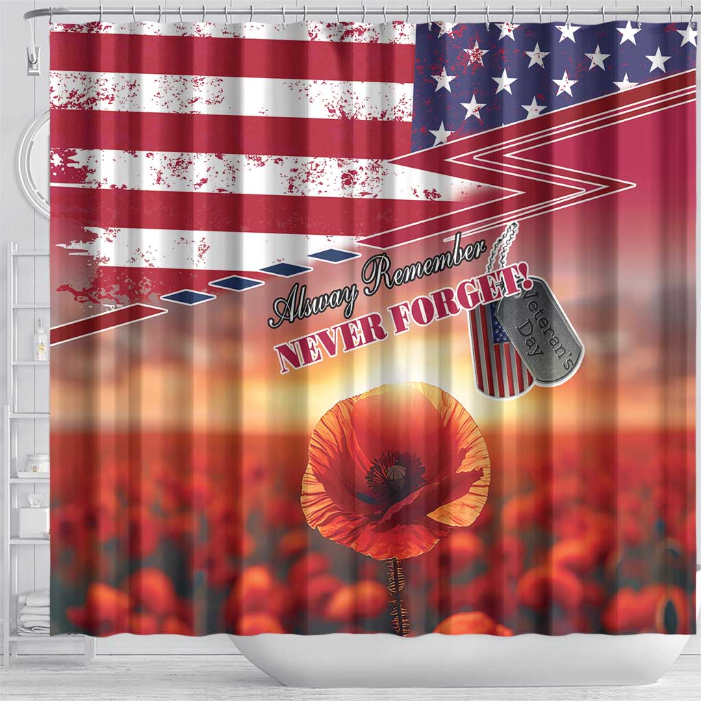 USA Veterans Day Shower Curtain Poppy Flowers With Flag Grunge