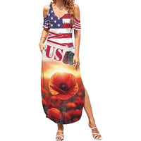 USA Veterans Day Summer Maxi Dress Poppy Flowers With Flag Grunge - Wonder Print Shop