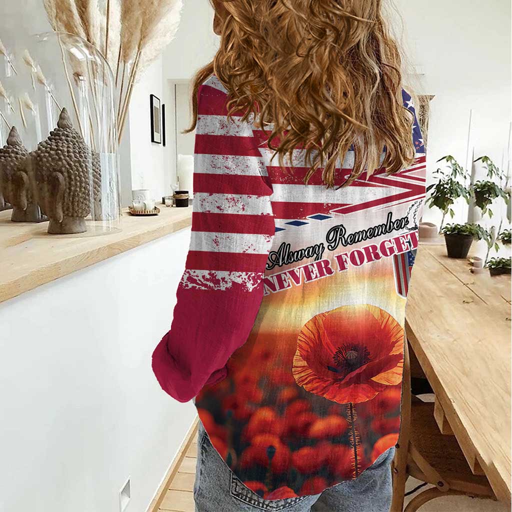 USA Veterans Day Women Casual Shirt Poppy Flowers With Flag Grunge - Wonder Print Shop