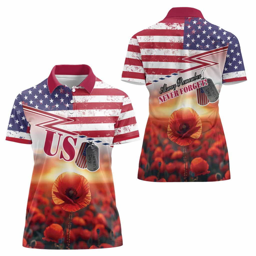 USA Veterans Day Women Polo Shirt Poppy Flowers With Flag Grunge - Wonder Print Shop