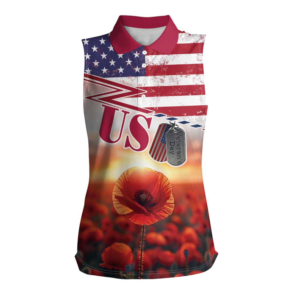USA Veterans Day Women Sleeveless Polo Shirt Poppy Flowers With Flag Grunge - Wonder Print Shop