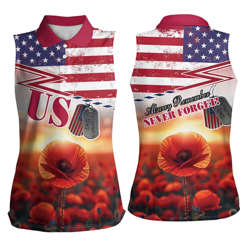 USA Veterans Day Women Sleeveless Polo Shirt Poppy Flowers With Flag Grunge - Wonder Print Shop
