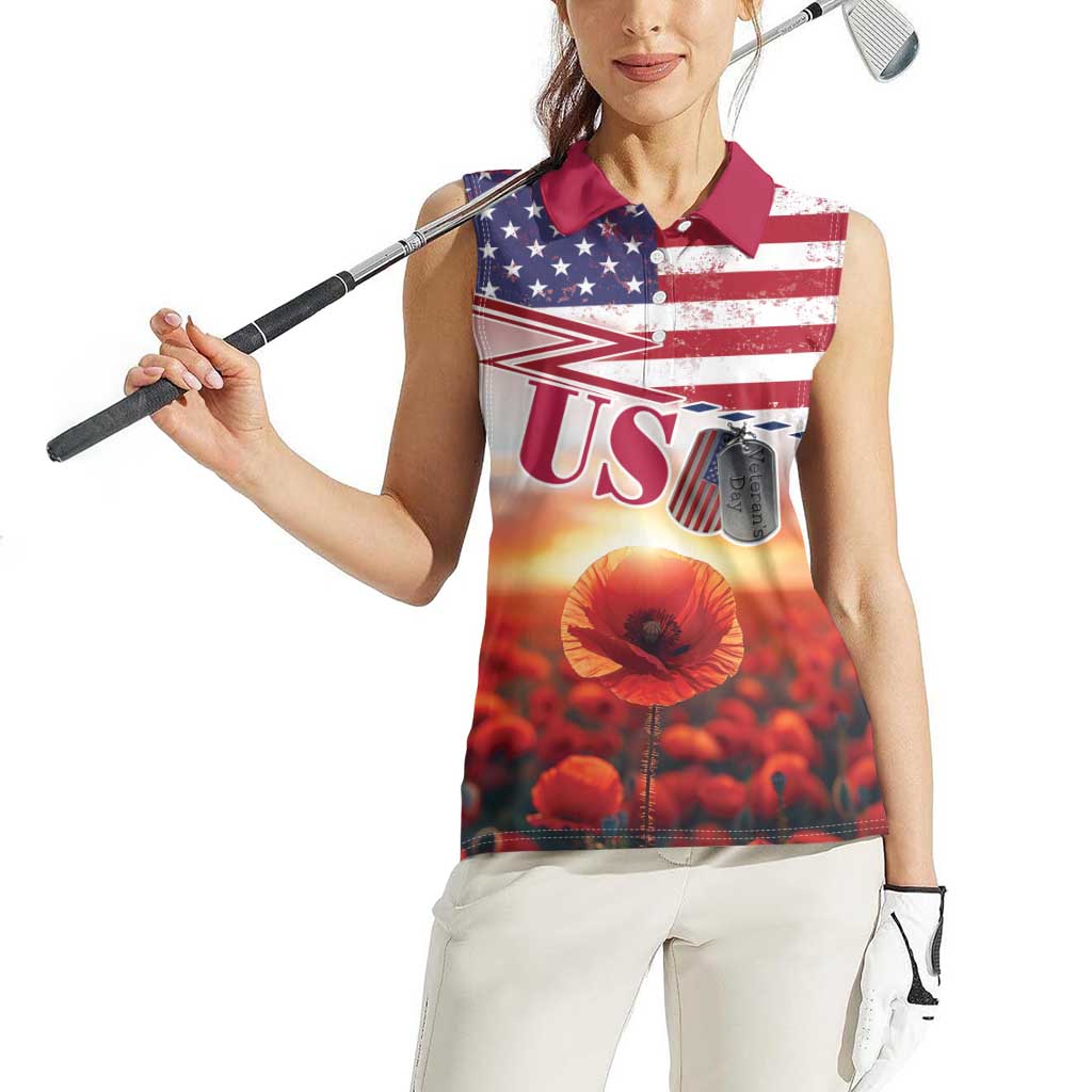USA Veterans Day Women Sleeveless Polo Shirt Poppy Flowers With Flag Grunge - Wonder Print Shop
