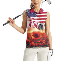 USA Veterans Day Women Sleeveless Polo Shirt Poppy Flowers With Flag Grunge - Wonder Print Shop