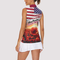 USA Veterans Day Women Sleeveless Polo Shirt Poppy Flowers With Flag Grunge - Wonder Print Shop
