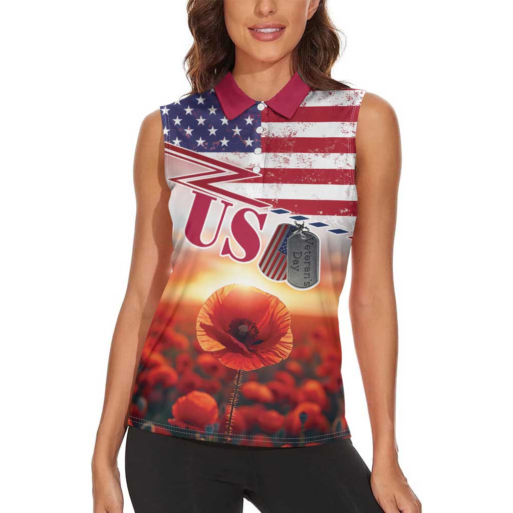 USA Veterans Day Women Sleeveless Polo Shirt Poppy Flowers With Flag Grunge - Wonder Print Shop