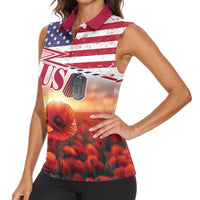 USA Veterans Day Women Sleeveless Polo Shirt Poppy Flowers With Flag Grunge - Wonder Print Shop